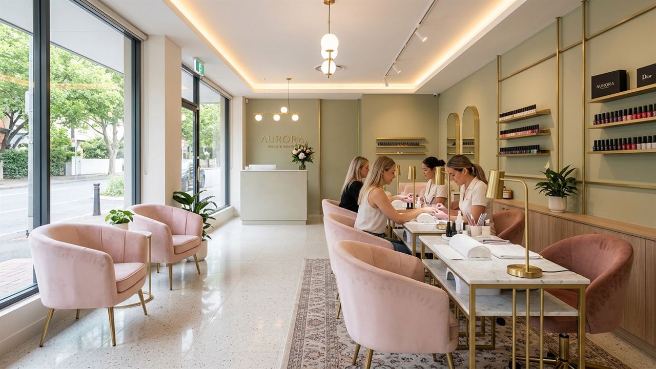 Studio de manicure e nail designer elegante em tons pastel