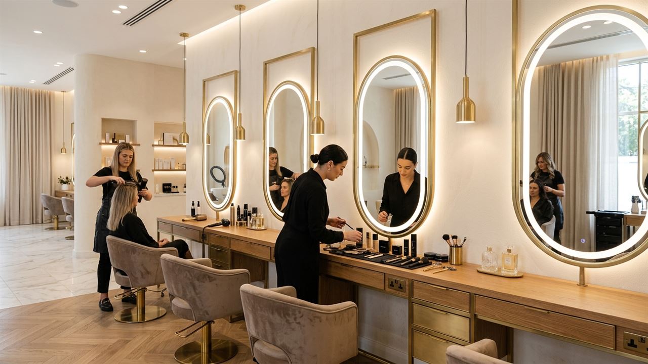 Estúdio de estética e maquiagem profissional com iluminação dourada